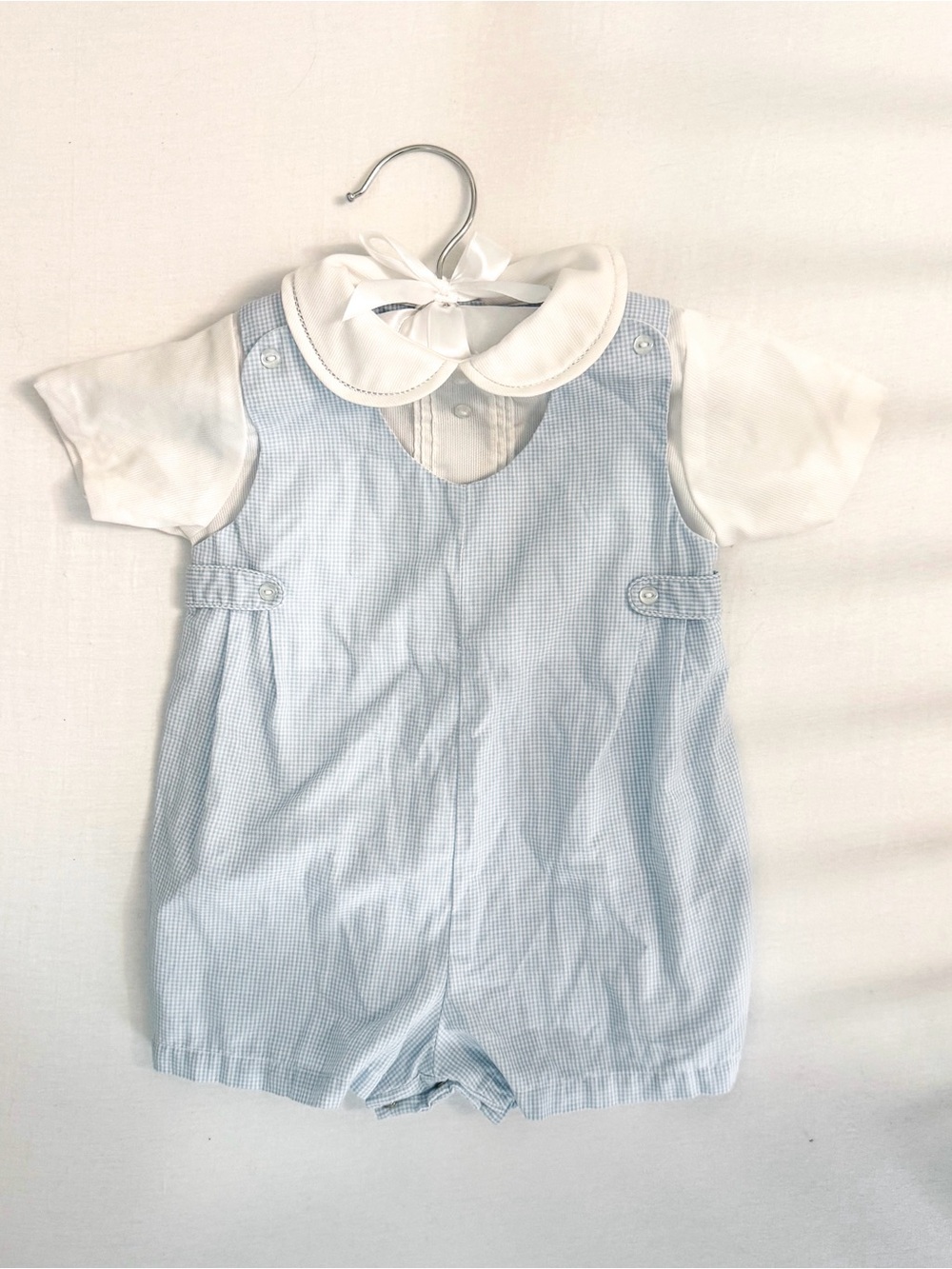 Baby Boys Vintage Light Blue Gingham Romper with White Peter Pan Collar